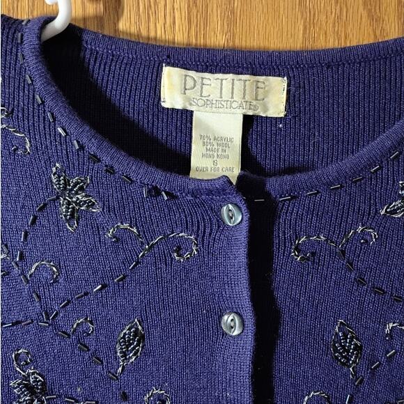 Vtg Petite Sophisticate Beaded Cardigan S Navy Old Money Classic Hong Kong Wool - Picture 9 of 10